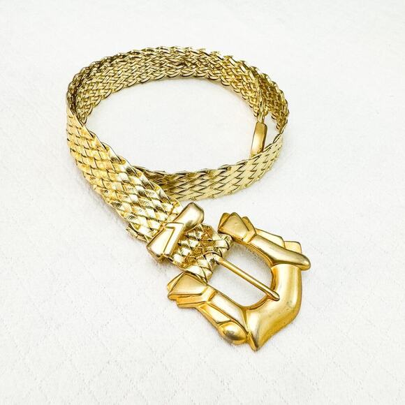 Gold Braided Leather Belt Large Buckle Size Small - Picture 1 of 3
